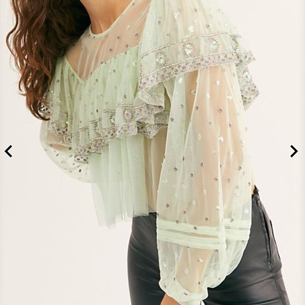 NWT Free People Disco Top Tulle Mint Long Sleeve sequined  Blouse Size L